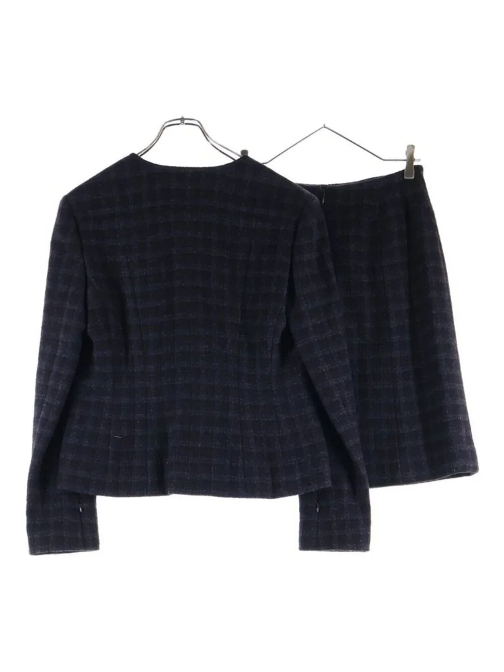 Chanel Check Wool Tweed Set Block Set Collarless Jacket Skirt Navy Brown